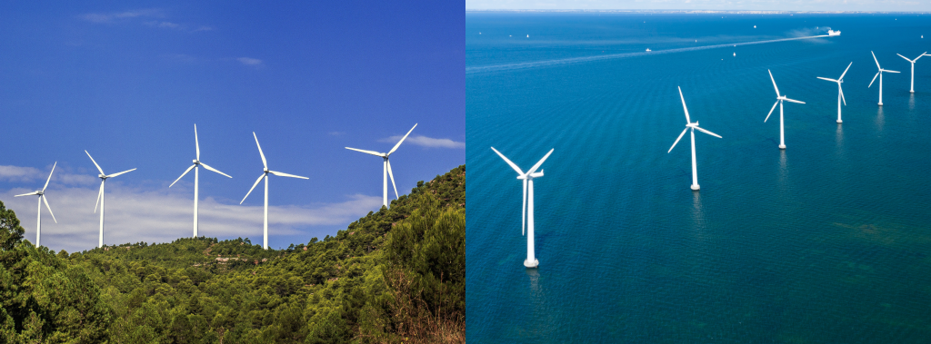 Turbine eoliche sia terrestri che marine per la produzione di energia pulita