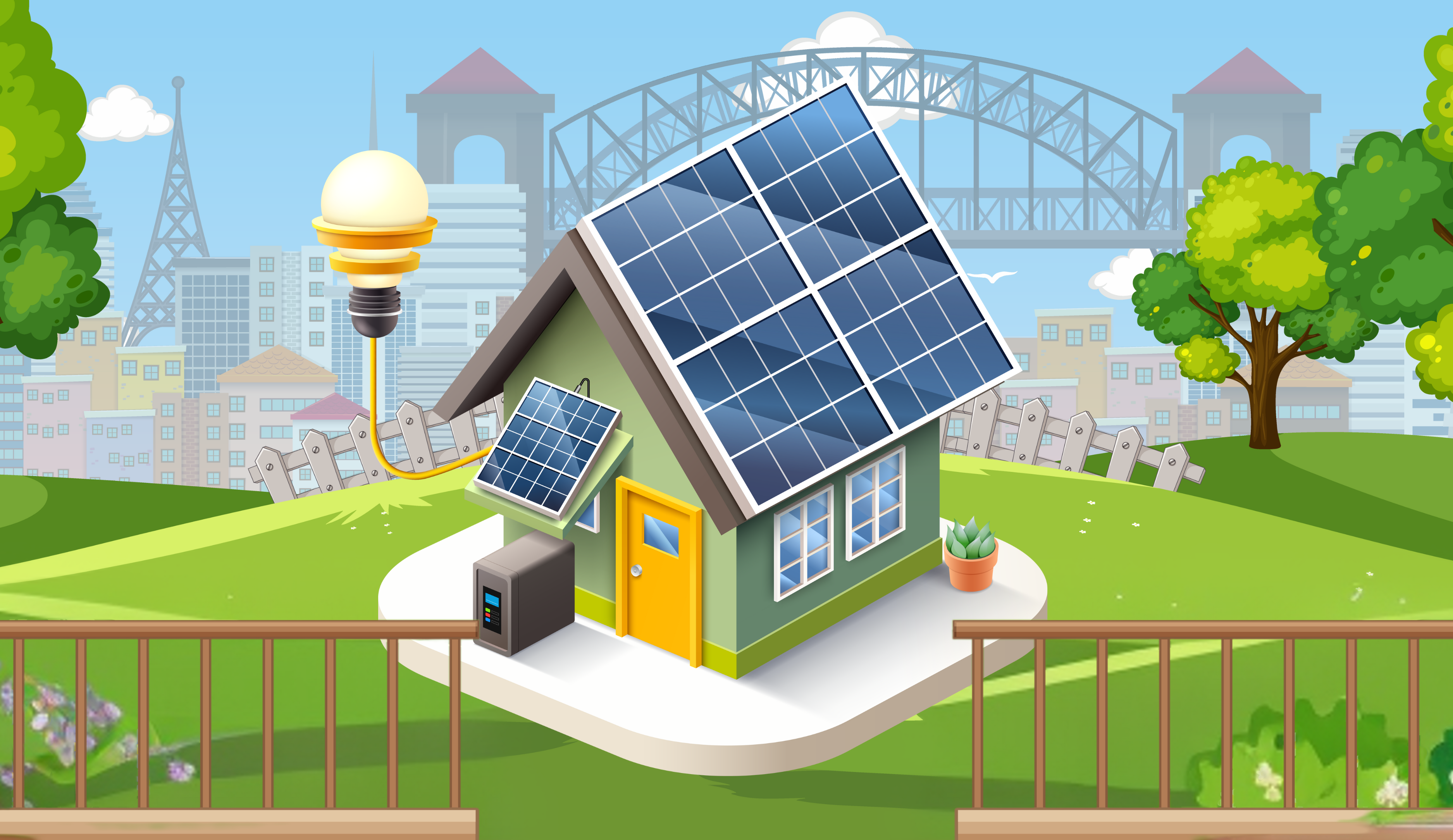 Casa con tetto a falda e pannelli fotovoltaici in città, inverter posizionato vicino all'ingresso e lampadina accesa collegata tramite cavo. L'immagine rappresenta la produzione di energia rinnovabile e il suo utilizzo immediato in ambito domestico, spiegando come funziona il fotovoltaico.