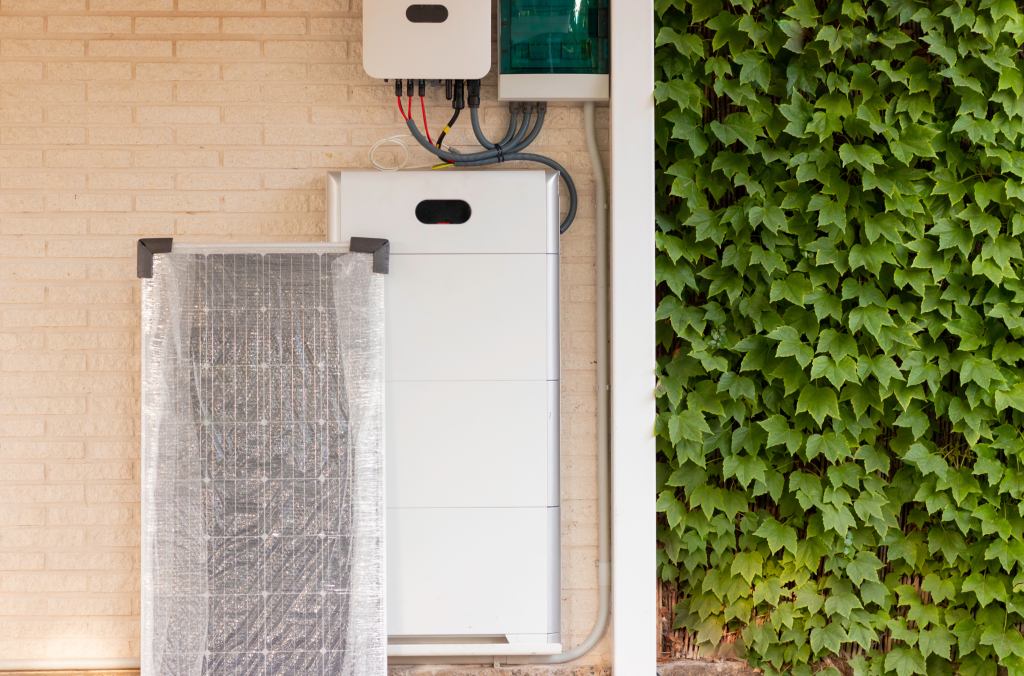 - Pannello fotovoltaico nuovo ancora imballato appoggiato a una batteria di accumulo e un inverter fissati al muro esterno di una casa. L'immagine illustra i tre elementi essenziali per capire come funziona il fotovoltaico.