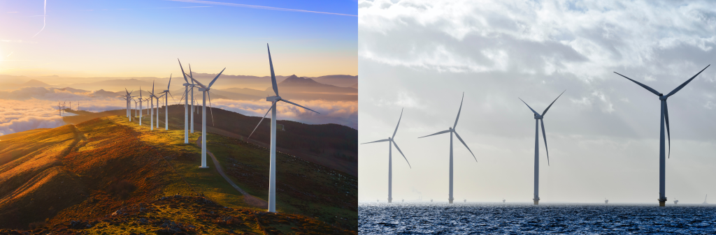 Parco eolico in montagna e parco eolico offshore in mare, esempi di soluzioni energetiche sostenibili