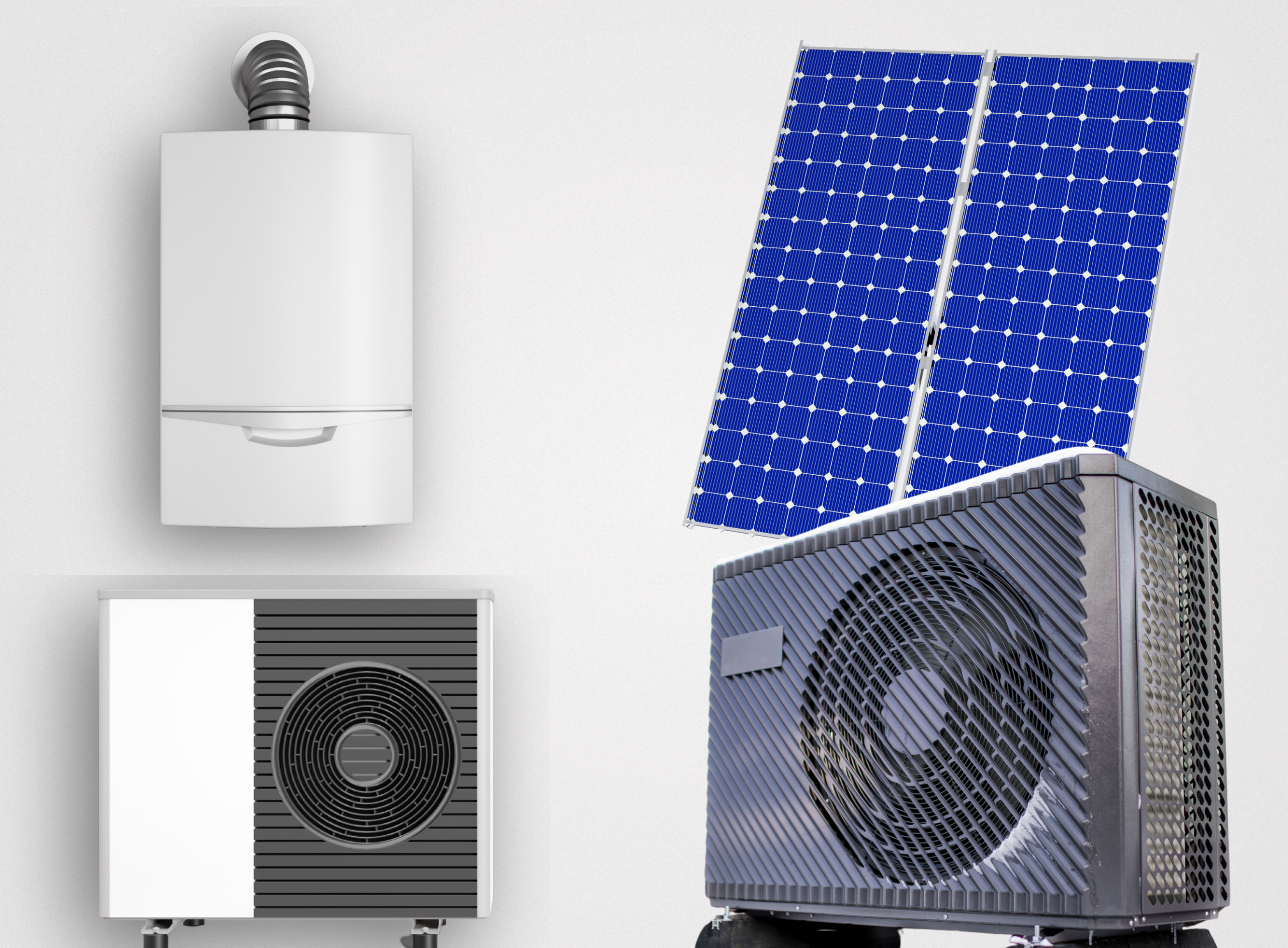Immagine che mostra a sinistra un sistema ibrido composto da una pompa di calore e una caldaia a condensazione, e a destra una pompa di calore di grandi dimensioni abbinata a un pannello fotovoltaico. Rappresenta la scelta tra integrazione gas-elettrico e soluzioni full electric per il riscaldamento.