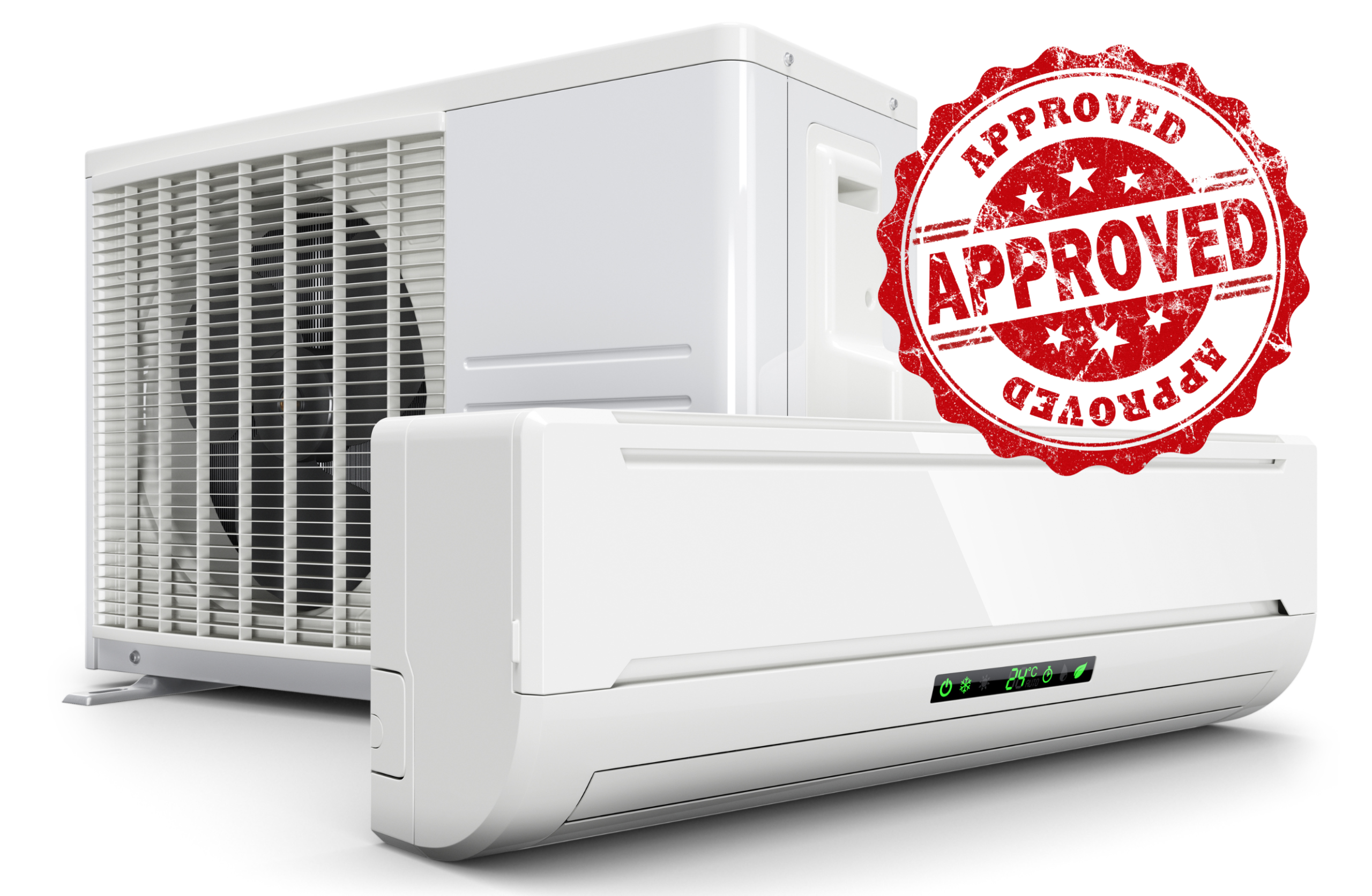 Condizionatore split con unità esterna e interna, certificato APPROVED per normative energetiche